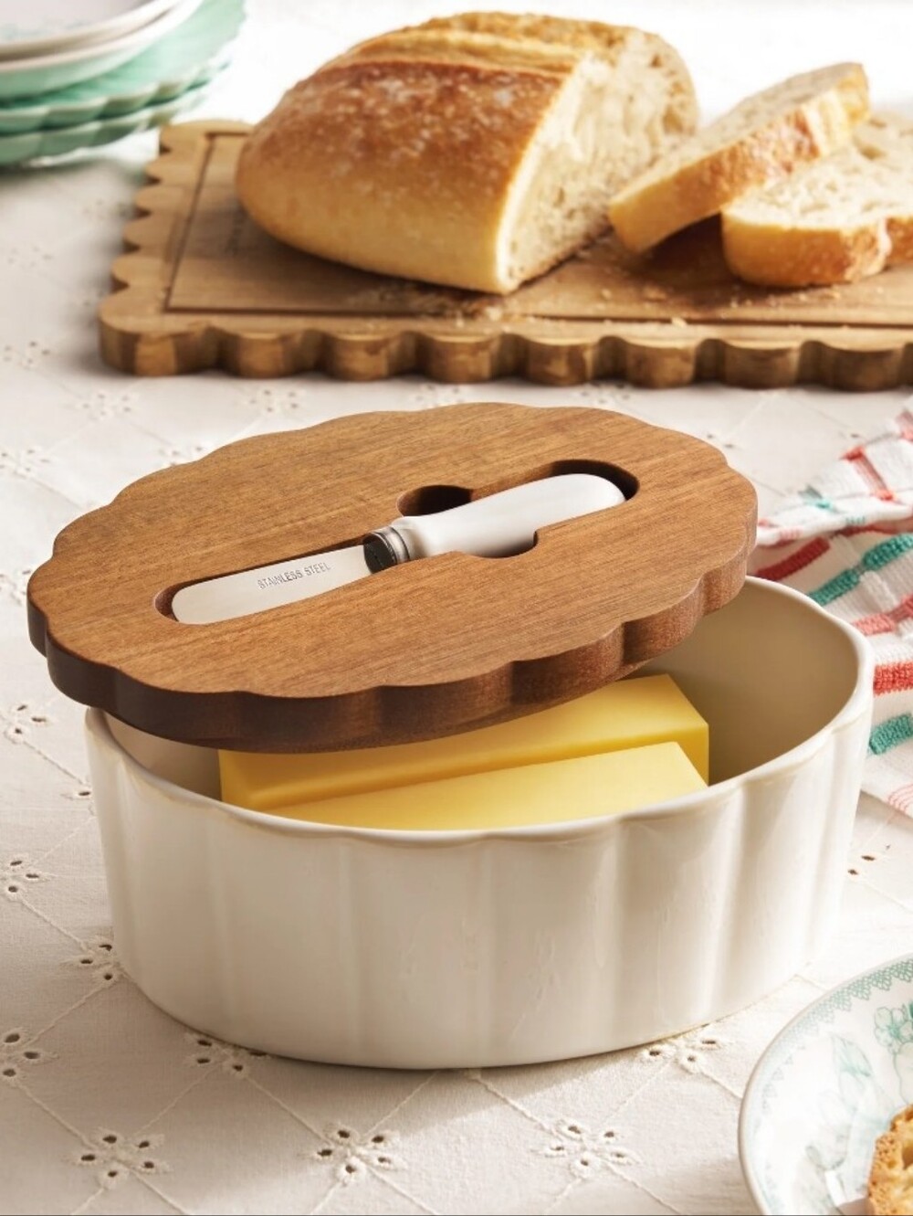 New The Pioneer Woman Colette Linen  Butter Dish with Wood Lid